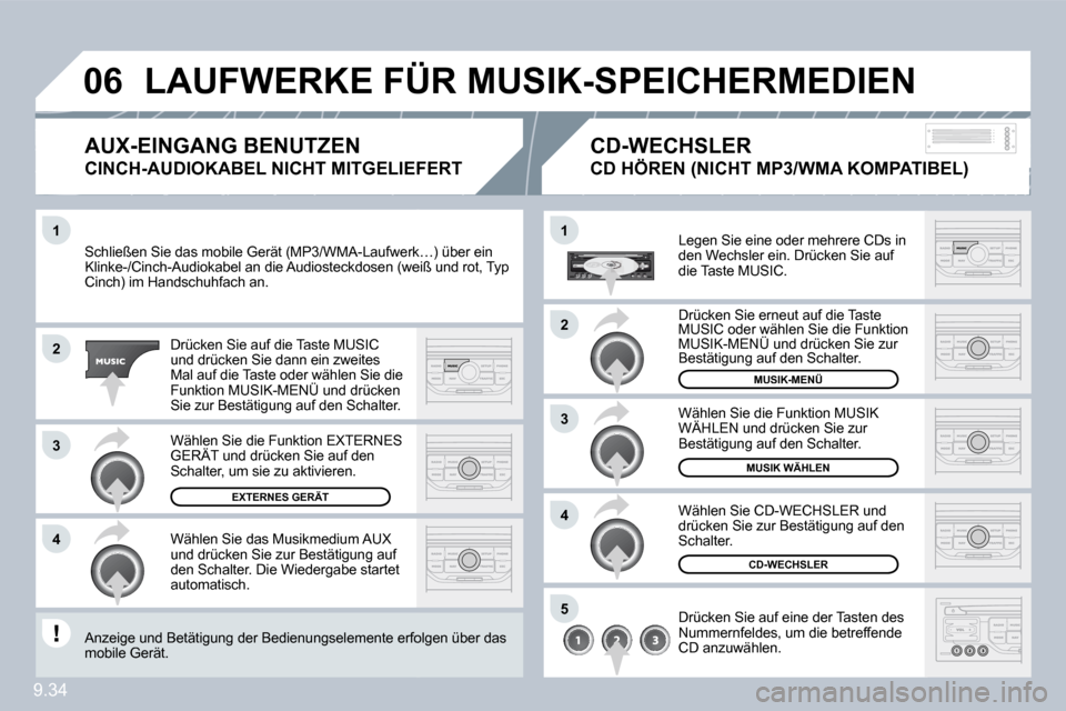 Peugeot Partner Tepee 2009  Betriebsanleitung (in German) 9.34
�1
�2
�3
�4
�1
�4
�0�6
�2
�3
�5
 Schließen Sie das mobile Gerät (MP3/WMA-Laufwerk…werk…) über ein Klinke-/Cinch-Audiokabel an die Audiosteckdosen (weiß (weiß und rot, Typ Cinch) im Hands