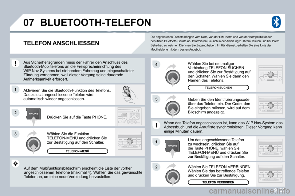 Peugeot Partner Tepee 2009  Betriebsanleitung (in German) 9. 35
�0�7
�1
�3
�5
�4
�2
�1
�2
 Die angebotenen Dienste hängen vom Netz, von der SIM-Karte und von der Kompatibilität der benutzten Bluetooth-Geräte ab. Informieren Sie sich in der Anleitung zu Ih