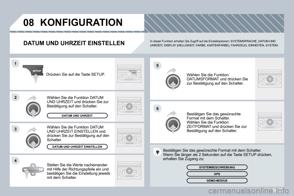 Peugeot Partner Tepee 2009  Betriebsanleitung (in German) 9. 37
�0�8
�5
�6
�1
�2
�3
�4
 KONFIGURATION 
� � �D�A�T�U�M� �U�N�D� �U�H�R�Z�E�I�T� �E�I�N�S�T�E�L�L�E�N�  In dieser Funktion erhalten Sie Zugriff auf die Einstelloptionen: SYSTEMSPRACHE, DATUM UND U
