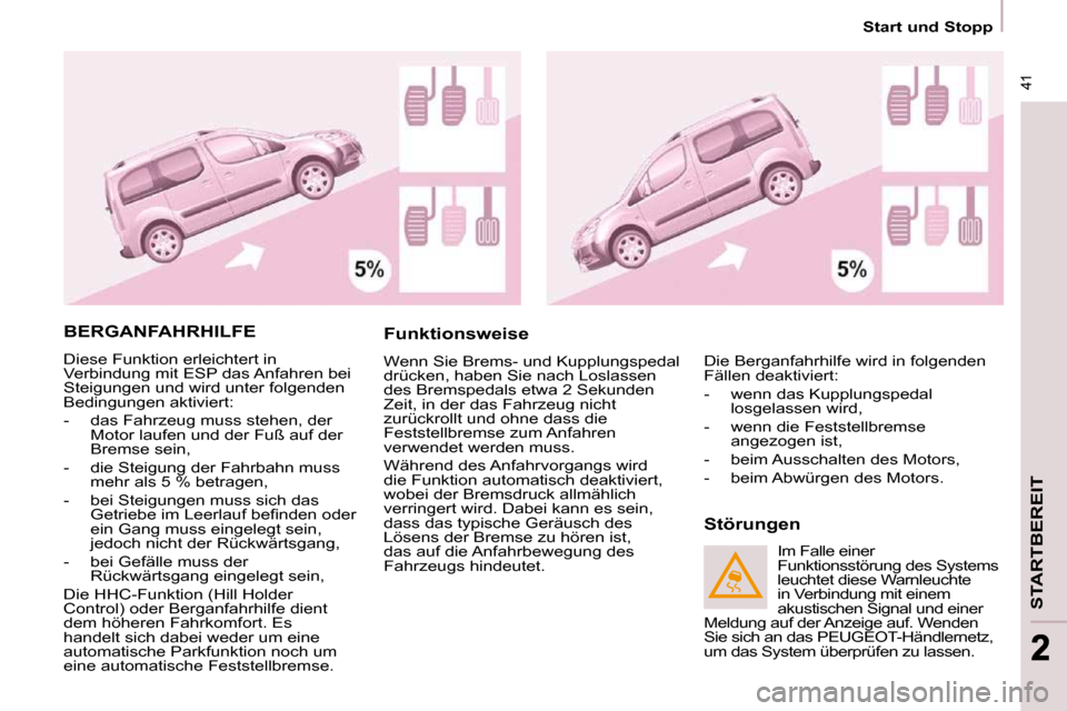 Peugeot Partner Tepee 2009 Betriebsanleitung (in German) 41
STARTBEREIT
41
22
Start und Stopp
BERGANFAHRHILFE
Diese Funktion erleichtert in
Verbindung mit ESP das Anfahren bei
Steigungen und wird unter folgenden
Bedingungen aktiviert:
- Peugeot Partner Tepee 2009 Betriebsanleitung (in German) 41
STARTBEREIT
41
22
Start und Stopp
BERGANFAHRHILFE
Diese Funktion erleichtert in
Verbindung mit ESP das Anfahren bei
Steigungen und wird unter folgenden
Bedingungen aktiviert:
-