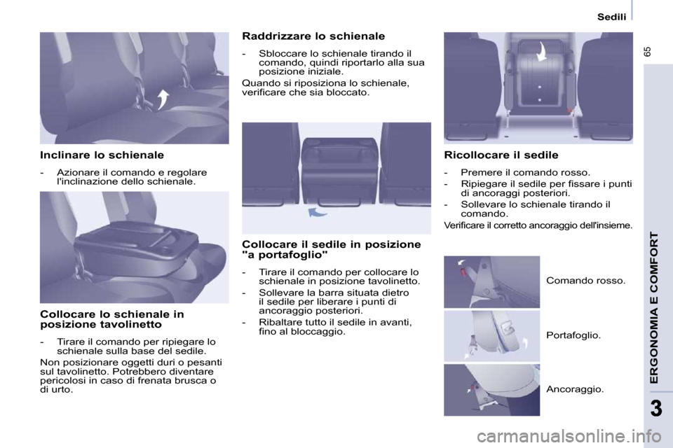 Peugeot Partner Tepee 2009 Manuale del proprietario (in Italian) Sedili
65
ERGONOMIA E COMFORT
33
Inclinare lo schienale
- Azionare il comando e regolare linclinazione dello schienale.
Collocare lo schienale in
posizione tavolinetto
- Peugeot Partner Tepee 2009 Manuale del proprietario (in Italian) Sedili
65
ERGONOMIA E COMFORT
33
Inclinare lo schienale
- Azionare il comando e regolare linclinazione dello schienale.
Collocare lo schienale in
posizione tavolinetto
-