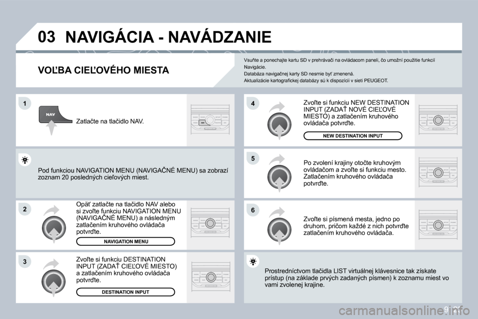 Peugeot Partner Tepee 2009  Užívateľská príručka (in Slovak) �9�.� �2�3
�0�3
�1
�2
�3
�6
�5
�4
� �N�A�V�I�G�Á�C�I�A� �-� �N�A�V�Á�D�Z�A�N�I�E� 
� � �V�O,�B�A� �C�I�E,�O�V�É�H�O� �M�I�E�S�T�A� 
� �O�p�ä?� �z�a�t�l�a�č�t�e� �n�a� �t�l�a�č�i�d�l�o� �N�A�V