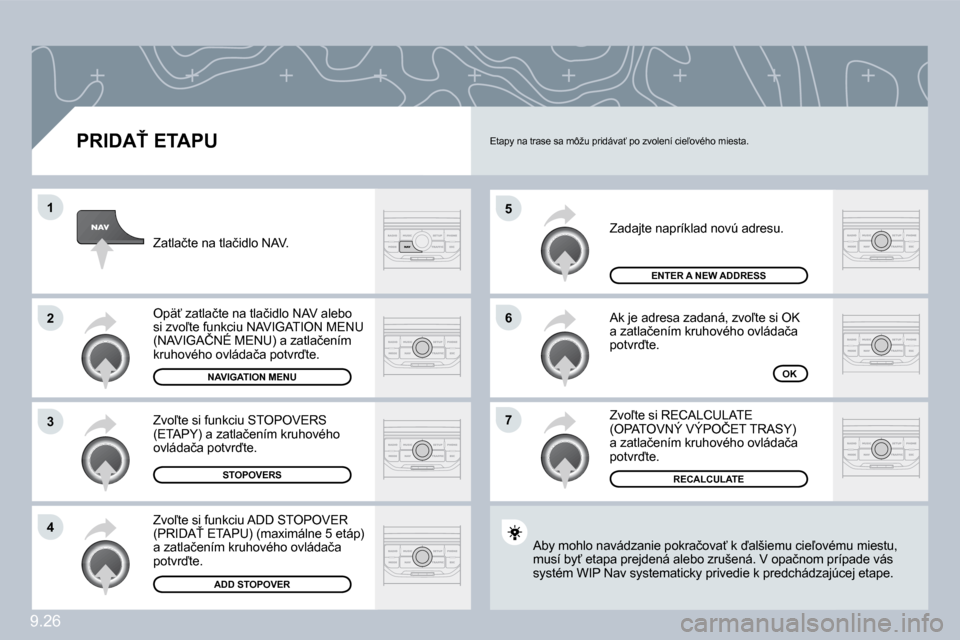 Peugeot Partner Tepee 2009  Užívateľská príručka (in Slovak) 9.26
�5
�6
�7
�1
�2
�3
�4
� � �P�R�I�D�A>� �E�T�A�P�U� 
� �Z�a�d�a�j�t�e� �n�a�p�r�í�k�l�a�d� �n�o�v�ú� �a�d�r�e�s�u�.� 
� �A�k� �j�e� �a�d�r�e�s�a� �z�a�d�a�n�á�,� �z�v�o-�t�e� �s�i� �O�K� �a� �