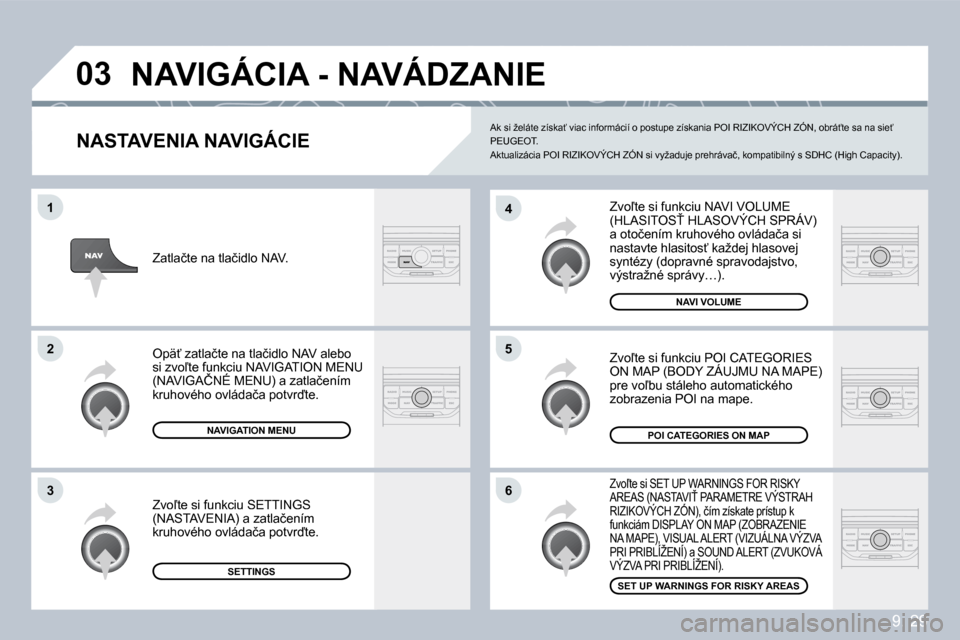 Peugeot Partner Tepee 2009  Užívateľská príručka (in Slovak) 9. 29
�0�3
�6
�4
�5
�1
�2
�3
  NASTAVENIA NAVIGÁCIE 
� �Z�v�o-�t�e� �s�i� �f�u�n�k�c�i�u� �N�A�V�I� �V�O�L�U�M�E� �(�H�L�A�S�I�T�O�S!� �H�L�A�S�O�V�Ý�C�H� �S�P�R�Á�V�)� �a� �o�t�o�č�e�n�í�m� �k
