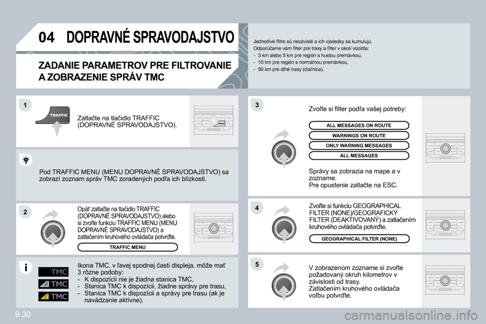 Peugeot Partner Tepee 2009  Užívateľská príručka (in Slovak) �9�.�3�0
�0�4
�1
�2
�5
�4
�3
 DOPRAVNÉ SPRAVODAJSTVO 
� � �Z�A�D�A�N�I�E� �P�A�R�A�M�E�T�R�O�V� �P�R�E� �F�I�L�T�R�O�V�A�N�I�E� 
�A� �Z�O�B�R�A�Z�E�N�I�E� �S�P�R�Á�V� �T�M�C� 
� �V� �z�o�b�r�a�z�e�n