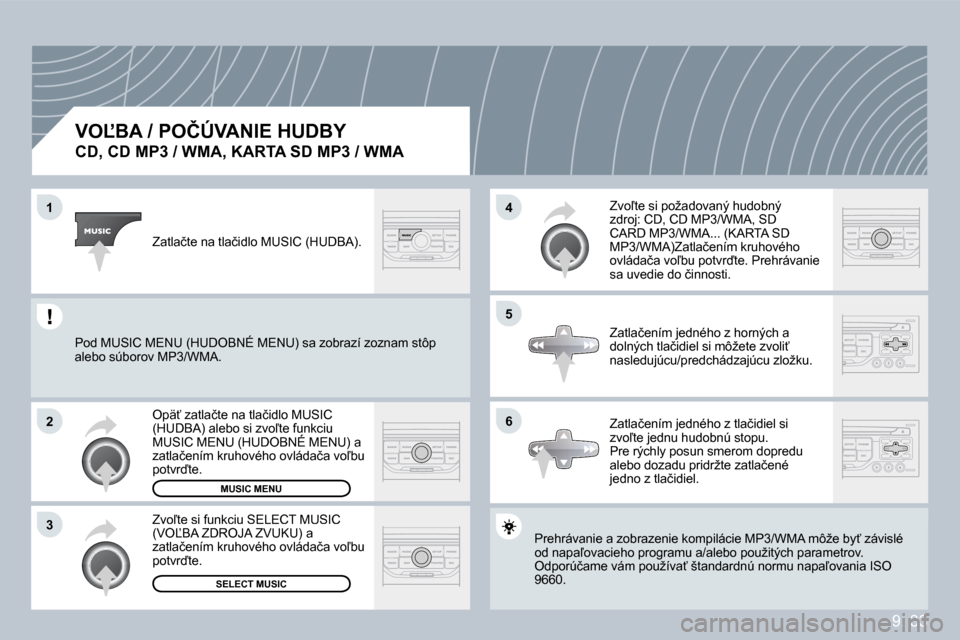 Peugeot Partner Tepee 2009  Užívateľská príručka (in Slovak) �9�.� �3�3
�1
�2
�3
�5
�4
�6
� � �V�O,�B�A� �/� �P�O�Č�Ú�V�A�N�I�E� �H�U�D�B�Y� � 
�C�D�,� �C�D� �M�P�3� �/� �W�M�A�,� �K�A�R�T�A� �S�D� �M�P�3� �/� �W�M�A� 
� �P�r�e�h�r�á�v�a�n�i�e� �a� �z�o�b�r
