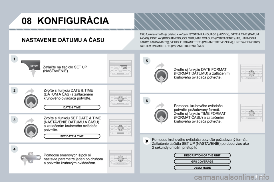 Peugeot Partner Tepee 2009  Užívateľská príručka (in Slovak) �9�.� �3�7
�0�8
�5
�6
�1
�2
�3
�4
 KONFIGURÁCIA 
� � �N�A�S�T�A�V�E�N�I�E� �D�Á�T�U�M�U� �A� �Č�A�S�U� 
� �T�á�t�o� �f�u�n�k�c�i�a� �u�m�o�ž3�u�j�e� �p�r�í�s�t�u�p� �k� �v�o-�b�á�m�:� �S�Y�S�
