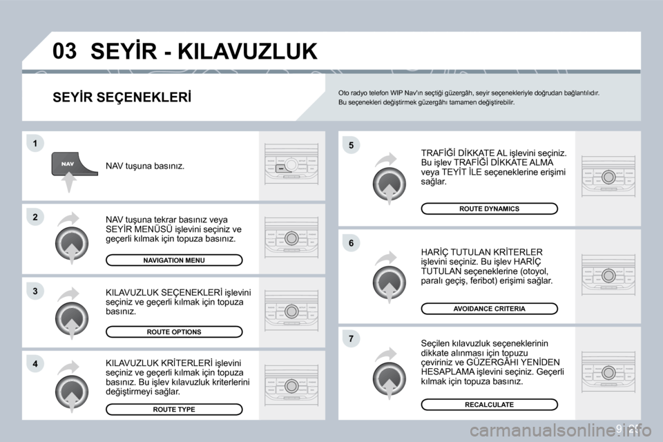 Peugeot Partner Tepee 2009  Kullanım Kılavuzu (in Turkish) �9�.� �2�5
�0�3
�5
�6
�7
�1
�2
�3
�4
� �S�E�Y�İ�R� �-� �K�I�L�A�V�U�Z�L�U�K� 
� � �S�E�Y�İ�R� �S�E�Ç�E�N�E�K�L�E�R�İ� 
� �T�R�A�F�İ�Ğ�İ� �D�İ�K�K�A�T�E� �A�L� �i�ş�l�e�v�i�n�i� �s�e�ç�i�n�i�