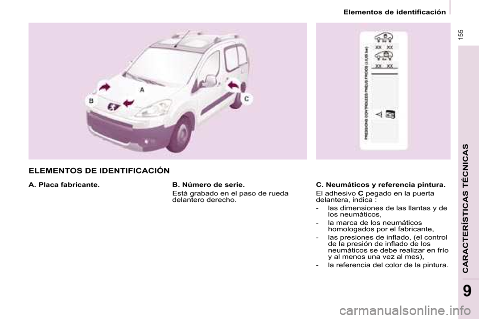 Peugeot Partner Tepee 2008.5  Manual del propietario (in Spanish)  155
CARACTERÍSTICAS TÉCNICAS
9
   Elementos de identificación   
 ELEMENTOS DE IDENTIFICACIÓN  
  A. Placa fabricante.    C. Neumáticos y referencia pintura.  
 El adhesivo  C  pegado en la puer