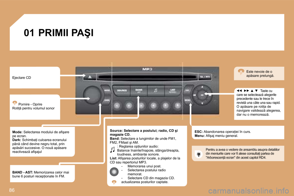 Peugeot Partner Tepee 2008  Manualul de utilizare (in Romanian) 86
�0�1�P�R�I�M�I�I� �P�A�Ş�I
�E�j�e�c�t�a�r�e� �C�D �P�o�r�n�i�r�e� �-� �O�p�r�i�r�e
�R�o�t�i= � �p�e�n�t�r�u� �v�o�l�u�m�u�l� �s�o�n�o�r 
�M�o�d�e�: � �S�e�l�e�c�t�a�r�e�a� �m�o�d�u�l�u�i� �d�e� 