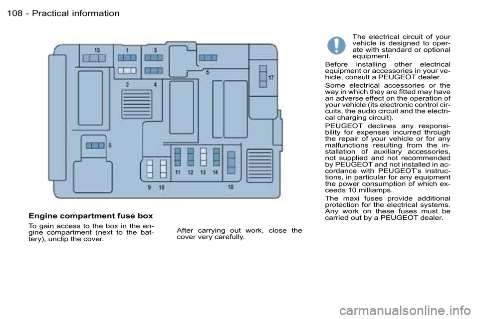 Peugeot Partner VP 2007  Owners Manual �P�r�a�c�t�i�c�a�l� �i�n�f�o�r�m�a�t�i�o�n�1�0�8 �-
�T�h�e�  �e�l�e�c�t�r�i�c�a�l�  �c�i�r�c�u�i�t�  �o�f�  �y�o�u�r�  
�v�e�h�i�c�l�e�  �i�s�  �d�e�s�i�g�n�e�d�  �t�o�  �o�p�e�r�-
�a�t�e� �w�i�t�h� �