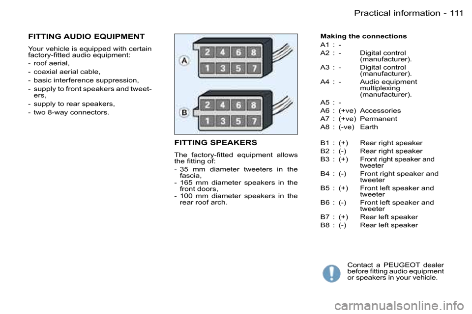 Peugeot Partner VP 2007  Owners Manual �1�1�1�P�r�a�c�t�i�c�a�l� �i�n�f�o�r�m�a�t�i�o�n�-
�F�I�T�T�I�N�G� �S�P�E�A�K�E�R�S
�T�h�e�  �f�a�c�t�o�r�y�-�ﬁ�t�t�e�d �e�q�u�i�p�m�e�n�t �a�l�l�o�w�s 
�t�h�e� �ﬁ�t�t�i�n�g �o�f�: 
�-�  �3�5�  �m