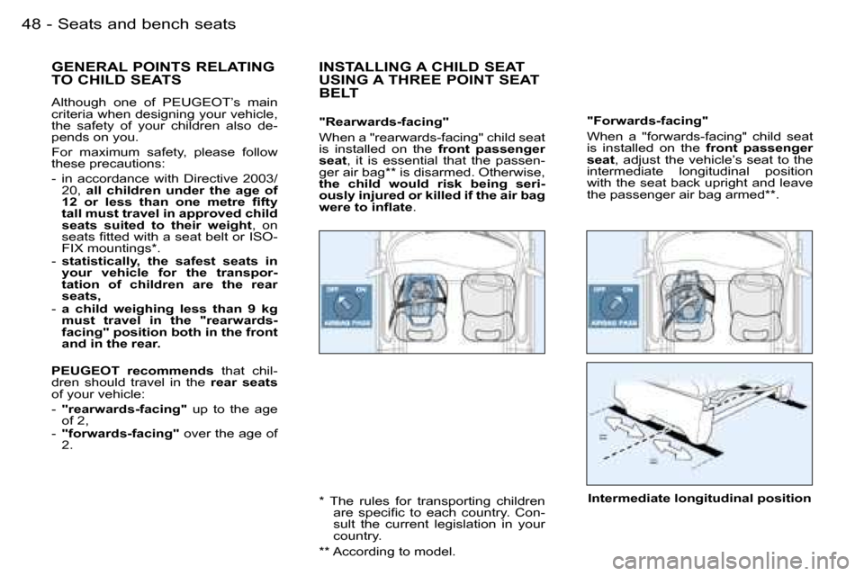 Peugeot Partner VP 2007  Owners Manual �S�e�a�t�s� �a�n�d� �b�e�n�c�h� �s�e�a�t�s�4�8 �-
�G�E�N�E�R�A�L� �P�O�I�N�T�S� �R�E�L�A�T�I�N�G�  
�T�O� �C�H�I�L�D� �S�E�A�T�S
�A�l�t�h�o�u�g�h�  �o�n�e�  �o�f�  �P�E�U�G�E�O�T�’�s�  �m�a�i�n�  
�