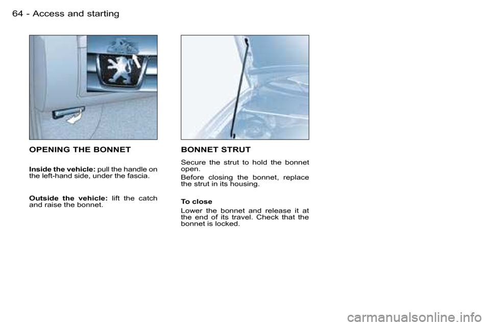 Peugeot Partner VP 2007  Owners Manual �A�c�c�e�s�s� �a�n�d� �s�t�a�r�t�i�n�g�6�4 �-
�O�P�E�N�I�N�G� �T�H�E� �B�O�N�N�E�T
�I�n�s�i�d�e� �t�h�e� �v�e�h�i�c�l�e�:� �p�u�l�l� �t�h�e� �h�a�n�d�l�e� �o�n� 
�t�h�e� �l�e�f�t�-�h�a�n�d� �s�i�d�e�,