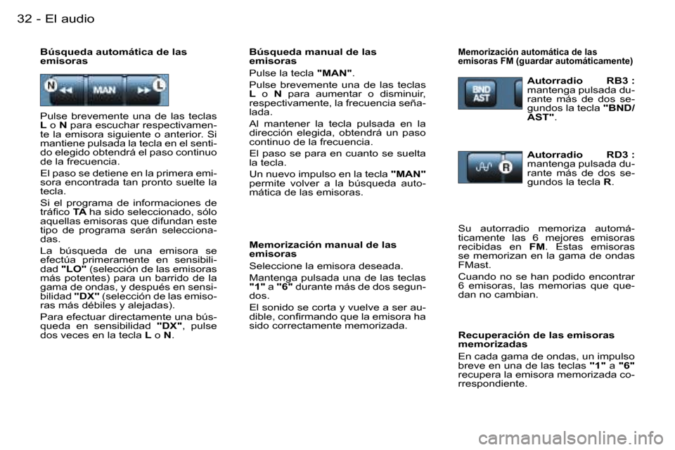 Peugeot Partner VP 2007  Manual del propietario (in Spanish) �E�l� �a�u�d�i�o�3�2 �-
�P�u�l�s�e�  �b�r�e�v�e�m�e�n�t�e�  �u�n�a�  �d�e�  �l�a�s�  �t�e�c�l�a�s�  
�L� �o�  �N� �p�a�r�a� �e�s�c�u�c�h�a�r� �r�e�s�p�e�c�t�i�v�a�m�e�n�-
�t�e�  �l�a�  �e�m�i�s�o�r�a�