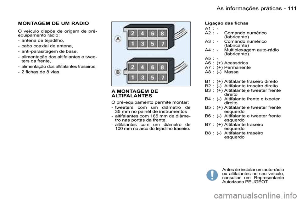 Peugeot Partner VP 2007  Manual do proprietário (in Portuguese) �1�1�1�A�s� �i�n�f�o�r�m�a�ç�õ�e�s� �p�r�á�t�i�c�a�s�-
�A� �M�O�N�T�A�G�E�M� �D�E�  
�A�L�T�I�F�A�L�A�N�T�E�S
�O� �p�r�é�-�e�q�u�i�p�a�m�e�n�t�o� �p�e�r�m�i�t�e� �m�o�n�t�a�r�: 
�-�  �t�w�e�e�t�e�