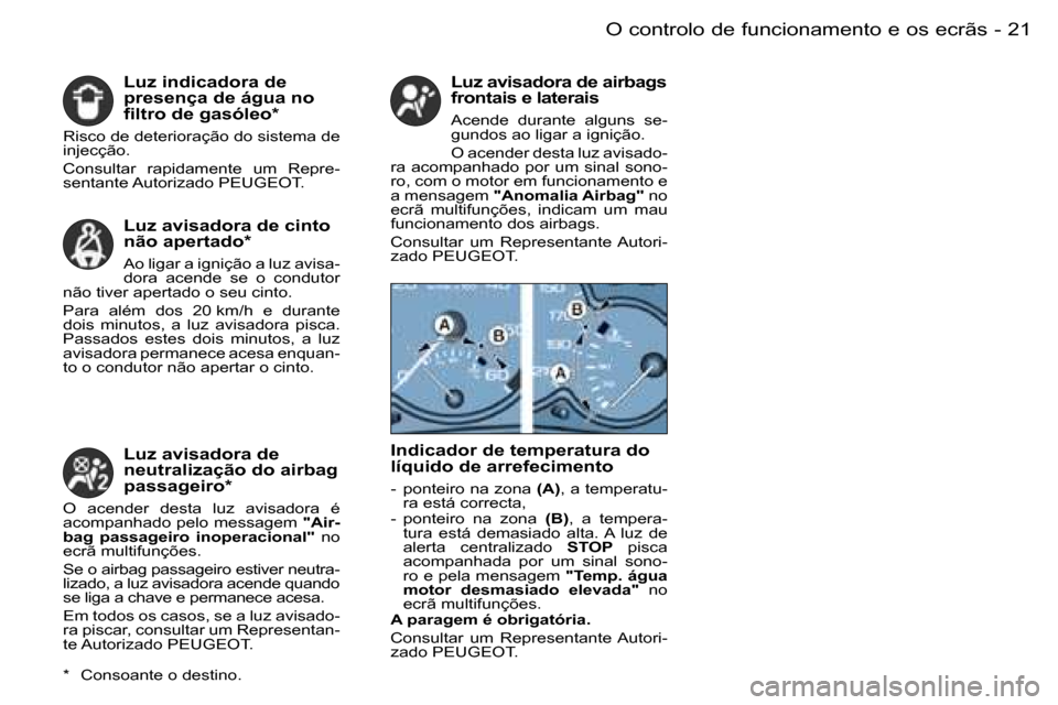 Peugeot Partner VP 2007  Manual do proprietário (in Portuguese) �2�1�O� �c�o�n�t�r�o�l�o� �d�e� �f�u�n�c�i�o�n�a�m�e�n�t�o� �e� �o�s� �e�c�r�ã�s�-
�L�u�z� �i�n�d�i�c�a�d�o�r�a� �d�e�  
�p�r�e�s�e�n�ç�a� �d�e� �á�g�u�a� �n�o� 
�f�i�l�t�r�o� �d�e� �g�a�s�ó�l�e�o