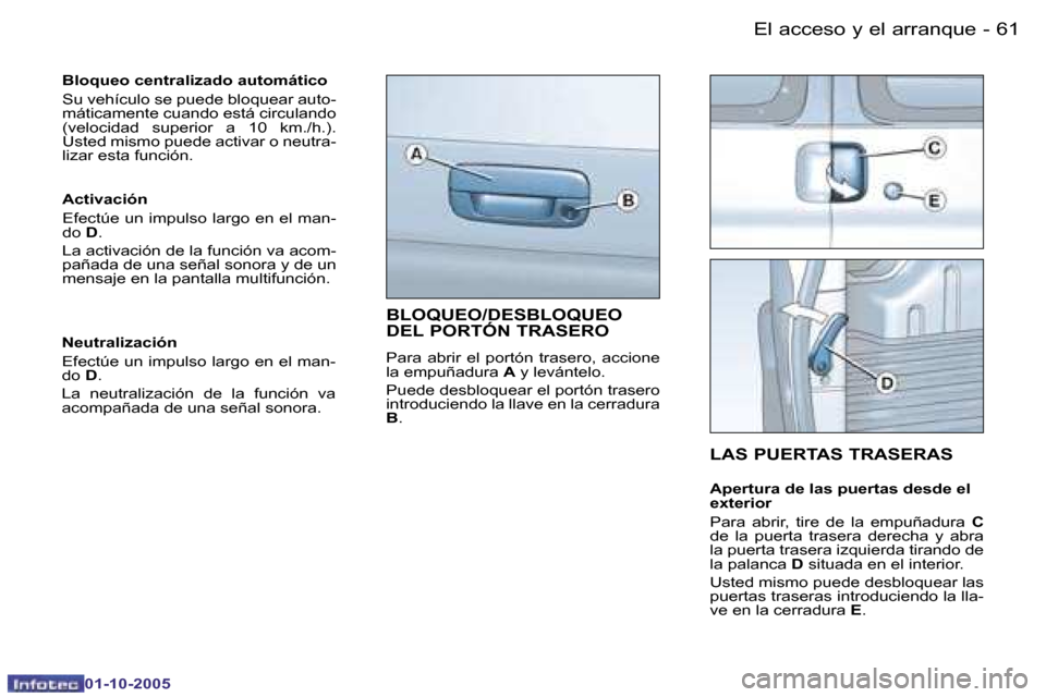 Peugeot Partner VP 2005.5  Manual del propietario (in Spanish) �E�l� �a�c�c�e�s�o� �y� �e�l� �a�r�r�a�n�q�u�e�6�0 �-
�0�1�-�1�0�-�2�0�0�5
�6�1�E�l� �a�c�c�e�s�o� �y� �e�l� �a�r�r�a�n�q�u�e�-
�0�1�-�1�0�-�2�0�0�5
�B�l�o�q�u�e�o� �c�e�n�t�r�a�l�i�z�a�d�o� �a�u�t�o�