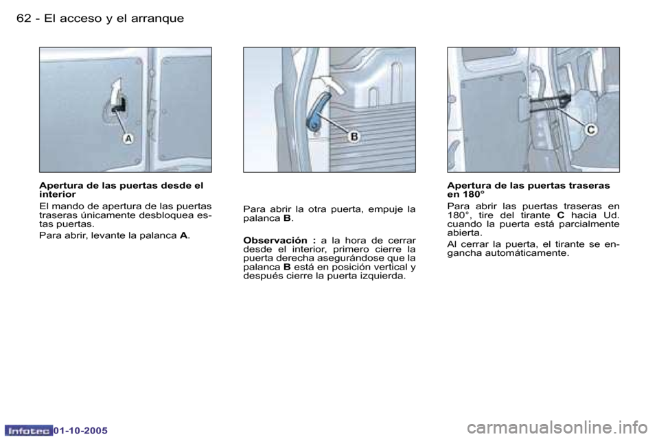 Peugeot Partner VP 2005.5  Manual del propietario (in Spanish) �E�l� �a�c�c�e�s�o� �y� �e�l� �a�r�r�a�n�q�u�e�6�2 �-
�0�1�-�1�0�-�2�0�0�5
�6�3�E�l� �a�c�c�e�s�o� �y� �e�l� �a�r�r�a�n�q�u�e�-
�0�1�-�1�0�-�2�0�0�5
�A�p�e�r�t�u�r�a� �d�e� �l�a�s� �p�u�e�r�t�a�s� �d�
