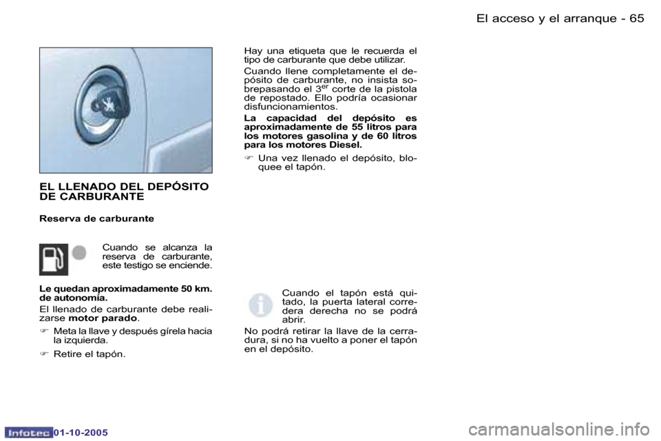Peugeot Partner VP 2005.5  Manual del propietario (in Spanish) �E�l� �a�c�c�e�s�o� �y� �e�l� �a�r�r�a�n�q�u�e�6�4 �-
�0�1�-�1�0�-�2�0�0�5
�6�5�E�l� �a�c�c�e�s�o� �y� �e�l� �a�r�r�a�n�q�u�e�-
�0�1�-�1�0�-�2�0�0�5
�E�L� �L�L�E�N�A�D�O� �D�E�L� �D�E�P�Ó�S�I�T�O�  
