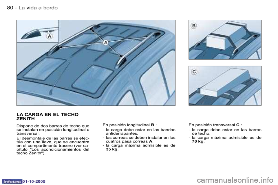 Peugeot Partner VP 2005.5  Manual del propietario (in Spanish) �L�a� �v�i�d�a� �a� �b�o�r�d�o�8�0 �-
�0�1�-�1�0�-�2�0�0�5
�L�A� �C�A�R�G�A� �E�N� �E�L� �T�E�C�H�O�  
�Z�E�N�I�T�H
�D�i�s�p�o�n�e� �d�e� �d�o�s� �b�a�r�r�a�s� �d�e� �t�e�c�h�o� �q�u�e�  
�s�e� �i�n�s