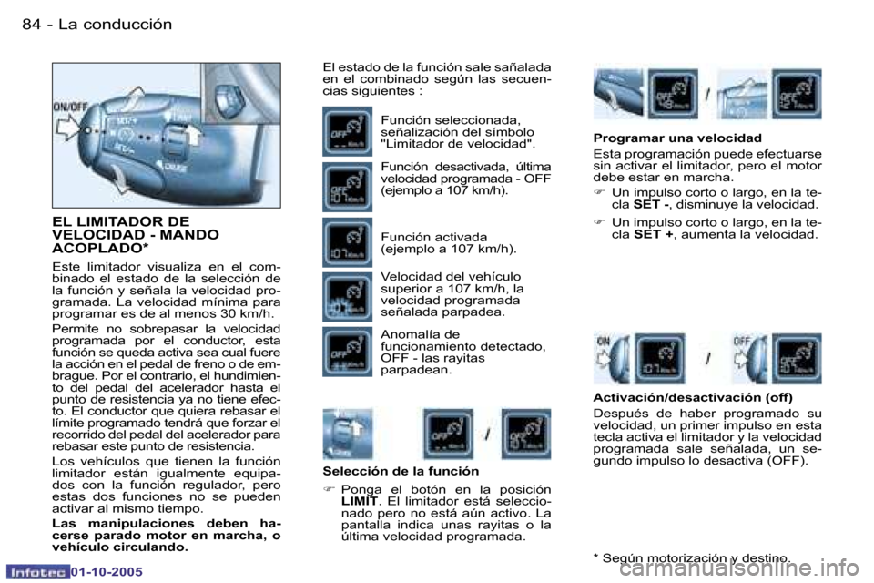 Peugeot Partner VP 2005.5  Manual del propietario (in Spanish) �L�a� �c�o�n�d�u�c�c�i�ó�n�8�4 �-
�0�1�-�1�0�-�2�0�0�5
�8�5�L�a� �c�o�n�d�u�c�c�i�ó�n�-
�0�1�-�1�0�-�2�0�0�5
�E�L� �L�I�M�I�T�A�D�O�R� �D�E�  
�V�E�L�O�C�I�D�A�D� �-� �M�A�N�D�O� 
�A�C�O�P�L�A�D�O�*
