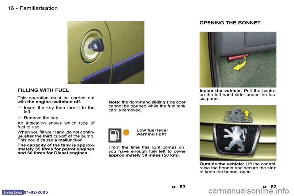 Peugeot Partner VP 2005  Owners Manual �1�6 �-
�0�1�-�0�2�-�2�0�0�5
�F�I�L�L�I�N�G� �W�I�T�H� �F�U�E�L� 
�T�h�i�s�  �o�p�e�r�a�t�i�o�n�  �m�u�s�t�  �b�e�  �c�a�r�r�i�e�d�  �o�u�t�  
�w�i�t�h� �t�h�e� �e�n�g�i�n�e� �s�w�i�t�c�h�e�d� �o�f�f�