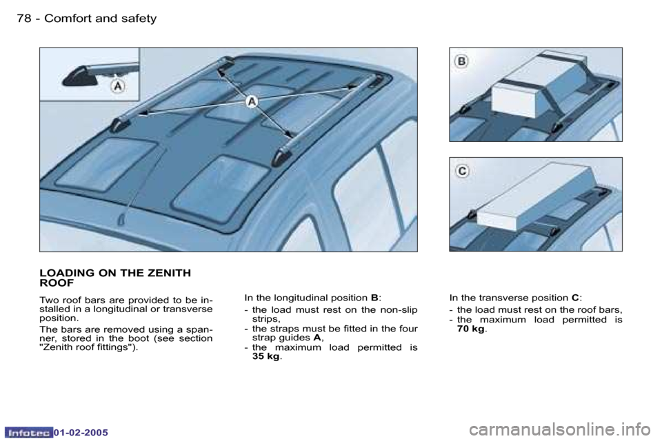 Peugeot Partner VP 2005  Owners Manual �7�8 �-
�0�1�-�0�2�-�2�0�0�5
�L�O�A�D�I�N�G� �O�N� �T�H�E� �Z�E�N�I�T�H�  
�R�O�O�F
�T�w�o�  �r�o�o�f�  �b�a�r�s�  �a�r�e�  �p�r�o�v�i�d�e�d�  �t�o�  �b�e�  �i�n�- 
�s�t�a�l�l�e�d� �i�n� �a� �l�o�n�g�
