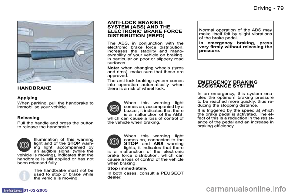 Peugeot Partner VP 2005  Owners Manual �7�9
�-
�0�1�-�0�2�-�2�0�0�5
�H�A�N�D�B�R�A�K�E
�A�p�p�l�y�i�n�g 
�W�h�e�n� �p�a�r�k�i�n�g�,� �p�u�l�l� �t�h�e� �h�a�n�d�b�r�a�k�e� �t�o�  
�i�m�m�o�b�i�l�i�s�e� �y�o�u�r� �v�e�h�i�c�l�e�. �N�o�r�m�a�