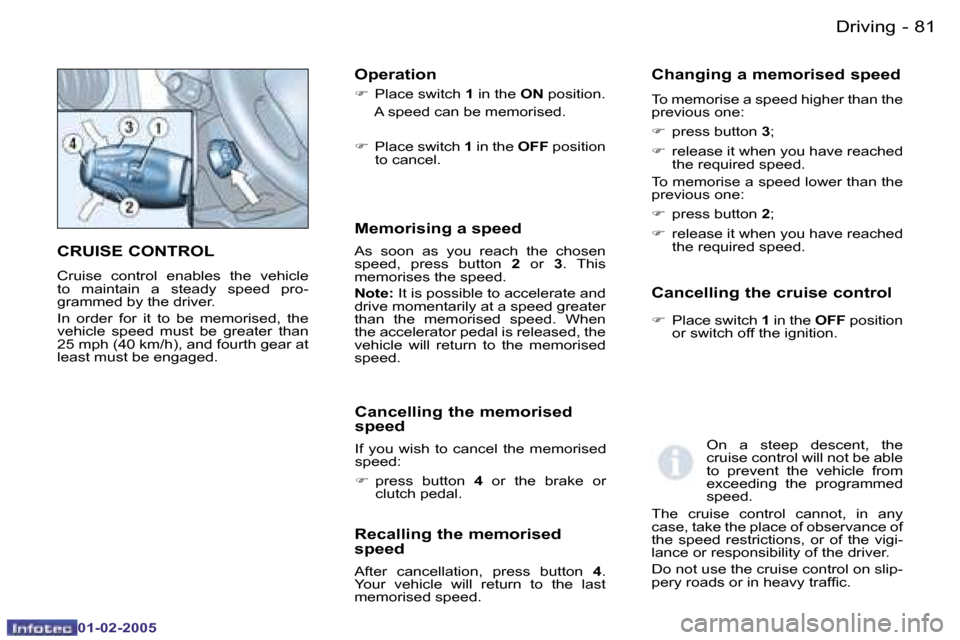 Peugeot Partner VP 2005  Owners Manual �8�0 �-
�0�1�-�0�2�-�2�0�0�5
�8�1
�-
�0�1�-�0�2�-�2�0�0�5
�C�R�U�I�S�E� �C�O�N�T�R�O�L
�C�r�u�i�s�e�  �c�o�n�t�r�o�l�  �e�n�a�b�l�e�s�  �t�h�e�  �v�e�h�i�c�l�e�  
�t�o�  �m�a�i�n�t�a�i�n�  �a�  �s�t�e