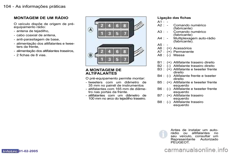 Peugeot Partner VP 2005  Manual do proprietário (in Portuguese) �A�s� �i�n�f�o�r�m�a�ç�õ�e�s� �p�r�á�t�i�c�a�s�1�0�4 �-
�0�1�-�0�2�-�2�0�0�5
�1�0�5�A�s� �i�n�f�o�r�m�a�ç�õ�e�s� �p�r�á�t�i�c�a�s�-
�0�1�-�0�2�-�2�0�0�5
�A� �M�O�N�T�A�G�E�M� �D�E�  
�A�L�T�I�F�
