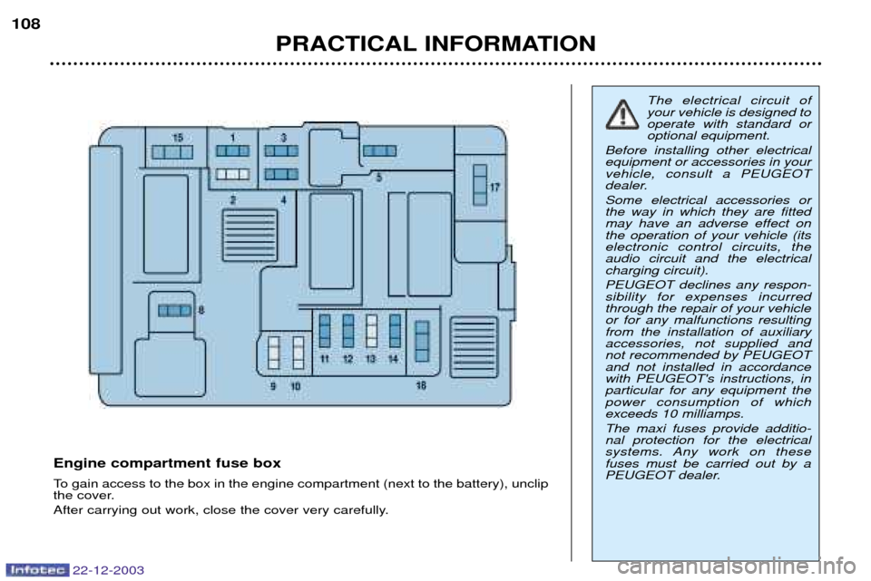 Peugeot Partner VP 2004 Owners Manual 22-12-2003
PRACTICAL INFORMATION
108
Engine compartment fuse box
To gain access to the box in the engine compartment (next to the battery), unclip
the cover.
After carrying out work, close the cove Peugeot Partner VP 2004 Owners Manual 22-12-2003
PRACTICAL INFORMATION
108
Engine compartment fuse box
To gain access to the box in the engine compartment (next to the battery), unclip
the cover.
After carrying out work, close the cove