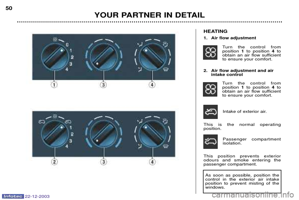 Peugeot Partner VP 2004  Owners Manual 2. Air flow adjustment and airintake control
Turn the control from  position  1to position  4to
obtain an air flow sufficientto ensure your comfort.
Intake of exterior air.
This is the normal operatin