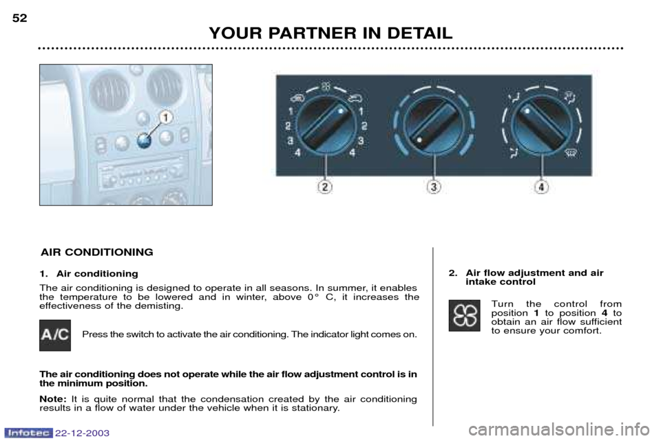 Peugeot Partner VP 2004  Owners Manual 1. Air conditioning 
The air conditioning is designed to operate in all seasons. In summer, it enables 
the temperature to be lowered and in winter, above 0¡ C, it increases the 
effectiveness of the