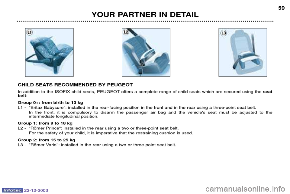 Peugeot Partner VP 2004  Owners Manual 22-12-2003
YOUR PARTNER IN DETAIL59
CHILD SEATS RECOMMENDED BY PEUGEOT 
In addition to the ISOFIX child seats, PEUGEOT offers a complete range of child seats which are secured using the  seat
belt :
G
