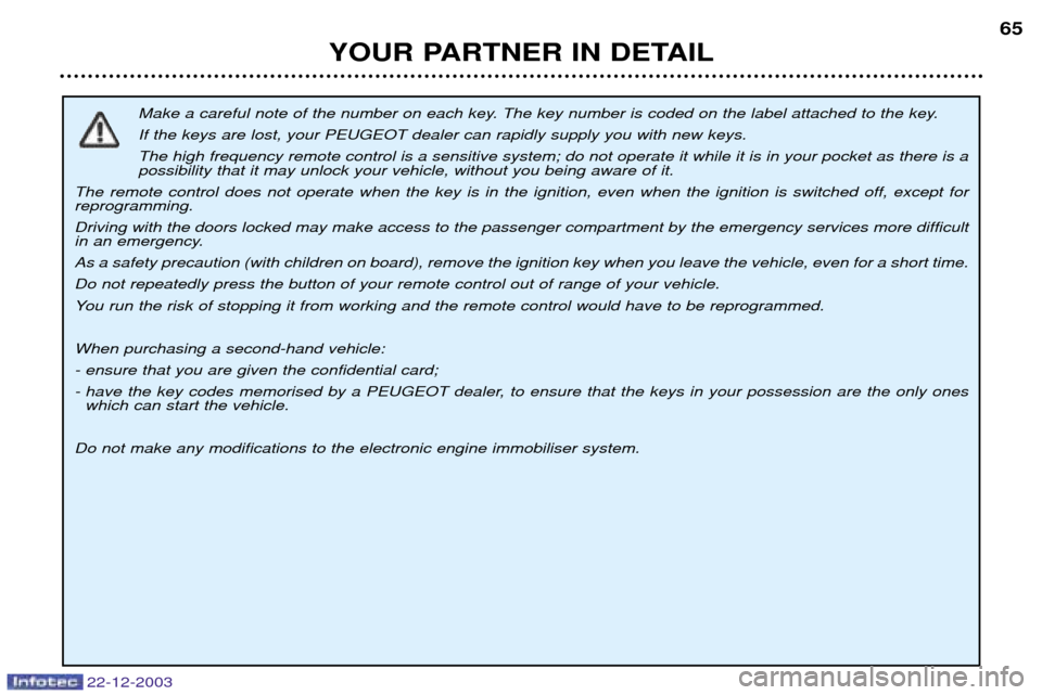 Peugeot Partner VP 2004  Owners Manual 22-12-2003
YOUR PARTNER IN DETAIL65
Make a careful note of the number on each key. The key number is coded on the label attached to the key. If the keys are lost, your PEUGEOT dealer can rapidly suppl