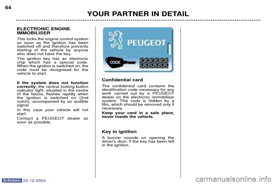 Peugeot Partner VP 2004  Owners Manual YOUR PARTNER IN DETAIL
64
Confidential card The confidential card contains the identification code necessary for anywork carried out by a PEUGEOTdealer on the electronic immobiliser
system. This code 