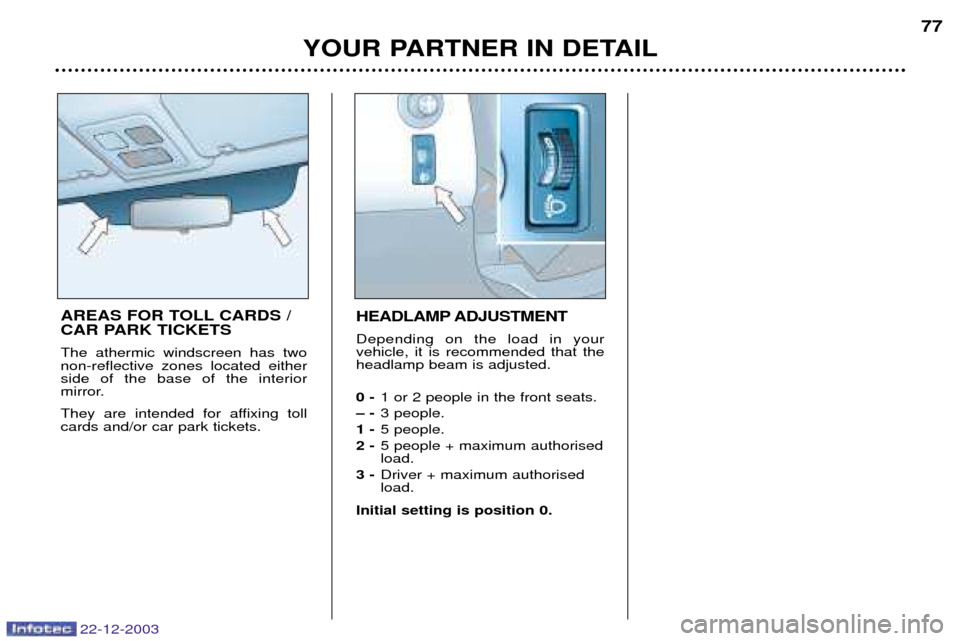 Peugeot Partner VP 2004  Owners Manual 22-12-2003
YOUR PARTNER IN DETAIL77
AREAS FOR TOLL CARDS / 
CAR PARK TICKETS The athermic windscreen has two non-reflective zones located eitherside of the base of the interior 
mirror. 
They are inte