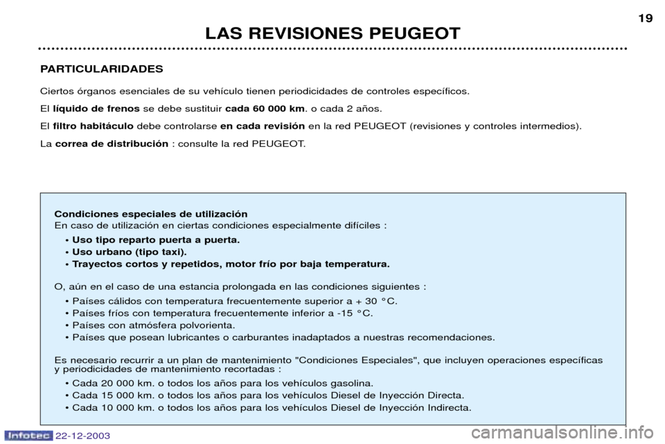Peugeot Partner VP 2004 Manual del propietario (in Spanish) 22-12-2003
LAS REVISIONES PEUGEOT19
PARTICULARIDADES Ciertos —rganos esenciales de su veh’culo tienen periodicidades de controles espec’ficos. El l’quido de frenos se debe sustituir cada 60 0 Peugeot Partner VP 2004 Manual del propietario (in Spanish) 22-12-2003
LAS REVISIONES PEUGEOT19
PARTICULARIDADES Ciertos —rganos esenciales de su veh’culo tienen periodicidades de controles espec’ficos. El l’quido de frenos se debe sustituir cada 60 0