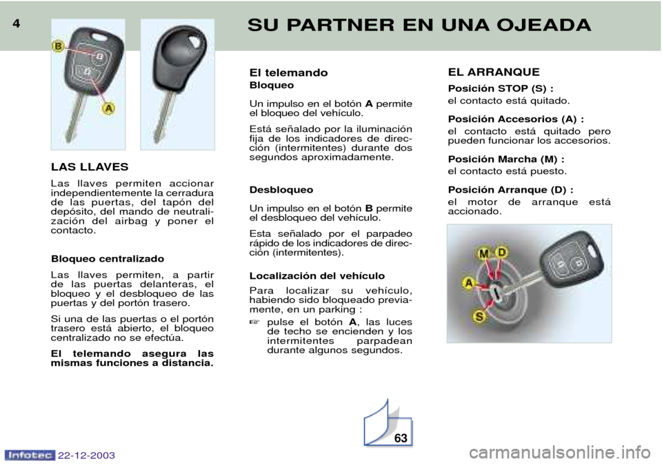 Peugeot Partner VP 2004 Manual del propietario (in Spanish) El telemando Bloqueo Un impulso en el bot—n Apermite
el bloqueo del veh’culo. Est‡ se–alado por la iluminaci—n fija de los indicadores de direc-ci—n (intermitentes) durante dossegundos apr Peugeot Partner VP 2004 Manual del propietario (in Spanish) El telemando Bloqueo Un impulso en el bot—n Apermite
el bloqueo del veh’culo. Est‡ se–alado por la iluminaci—n fija de los indicadores de direc-ci—n (intermitentes) durante dossegundos apr