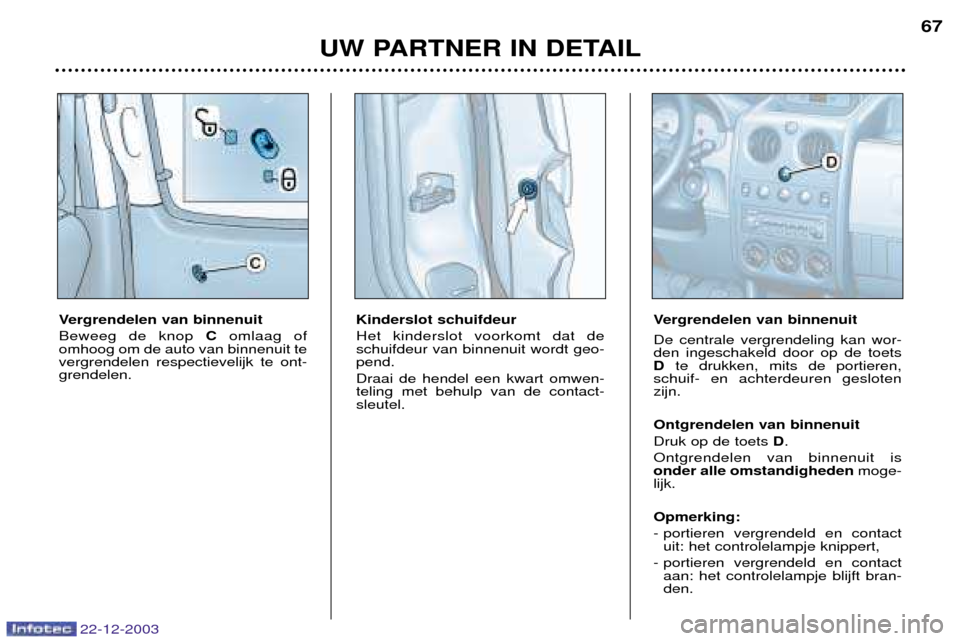 Peugeot Partner VP 2004  Handleiding (in Dutch) 22-12-2003
UW PARTNER IN DETAIL67
Vergrendelen van binnenuit Beweeg de knop 
Comlaag of
omhoog om de auto van binnenuit te vergrendelen respectievelijk te ont-grendelen. Kinderslot schuifdeur Het kind