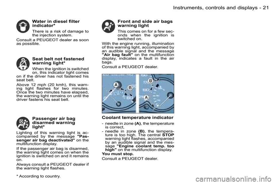 Peugeot Partner VP Dag 2007  Owners Manual �2�1�I�n�s�t�r�u�m�e�n�t�s�,� �c�o�n�t�r�o�l�s� �a�n�d� �d�i�s�p�l�a�y�s�-
�W�a�t�e�r� �i�n� �d�i�e�s�e�l� �ﬁ�l�t�e�r 
�i�n�d�i�c�a�t�o�r�*� 
�T�h�e�r�e�  �i�s�  �a�  �r�i�s�k�  �o�f�  �d�a�m�a�g�e�