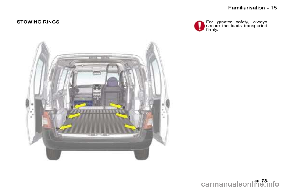 Peugeot Partner VU 2007  Owners Manual �1�5�F�a�m�i�l�i�a�r�i�s�a�t�i�o�n�-
�S�T�O�W�I�N�G� �R�I�N�G�S�F�o�r�  �g�r�e�a�t�e�r�  �s�a�f�e�t�y�,�  �a�l�w�a�y�s�  
�s�e�c�u�r�e�  �t�h�e�  �l�o�a�d�s�  �t�r�a�n�s�p�o�r�t�e�d� 
�ﬁ�r�m�l�y�.
�