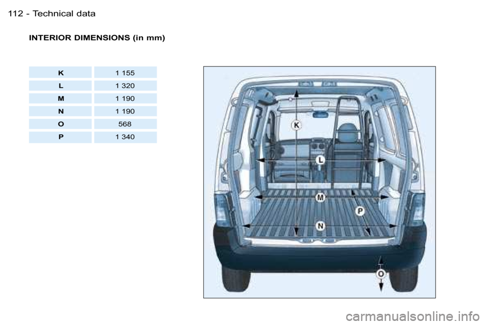 Peugeot Partner VU 2007  Owners Manual �T�e�c�h�n�i�c�a�l� �d�a�t�a�1�1�2 �-
�I�N�T�E�R�I�O�R� �D�I�M�E�N�S�I�O�N�S� �(�i�n� �m�m�)
�K�1� �1�5�5
�L �1� �3�2�0
�M �1� �1�9�0
�N �1� �1�9�0
�O �5�6�8� 
�P �1� �3�4�0  