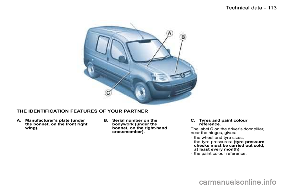 Peugeot Partner VU 2007  Owners Manual �1�1�3�T�e�c�h�n�i�c�a�l� �d�a�t�a�-
�T�H�E� �I�D�E�N�T�I�F�I�C�A�T�I�O�N� �F�E�A�T�U�R�E�S� �O�F� �Y�O�U�R� �P�A�R�T�N�E�R
�B�.�  �S�e�r�i�a�l� �n�u�m�b�e�r� �o�n� �t�h�e� �b�o�d�y�w�o�r�k� �(�u�n�d�