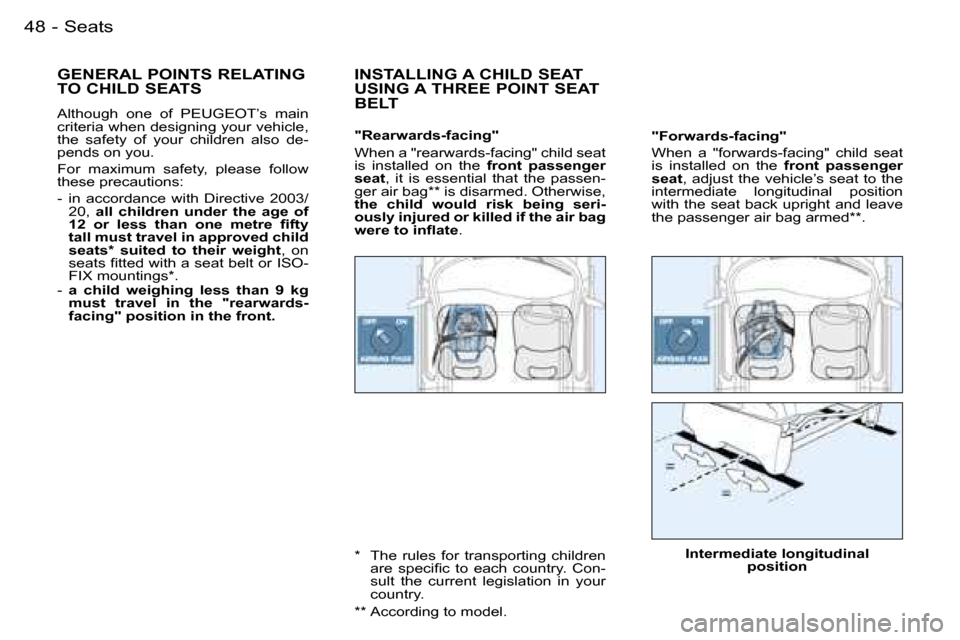 Peugeot Partner VU 2007  Owners Manual �4�8 �-�S�e�a�t�s
�G�E�N�E�R�A�L� �P�O�I�N�T�S� �R�E�L�A�T�I�N�G�  
�T�O� �C�H�I�L�D� �S�E�A�T�S
�A�l�t�h�o�u�g�h�  �o�n�e�  �o�f�  �P�E�U�G�E�O�T�’�s�  �m�a�i�n�  
�c�r�i�t�e�r�i�a� �w�h�e�n� �d�e�