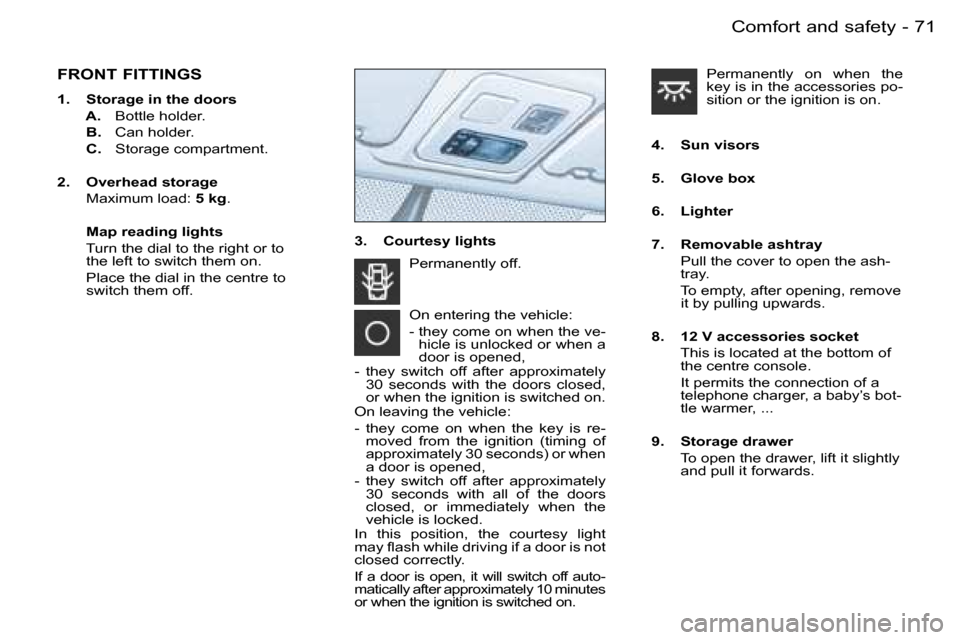 Peugeot Partner VU 2007  Owners Manual �7�1
�-�C�o�m�f�o�r�t� �a�n�d� �s�a�f�e�t�y
�F�R�O�N�T� �F�I�T�T�I�N�G�S
�1�.�  �S�t�o�r�a�g�e� �i�n� �t�h�e� �d�o�o�r�s 
�  �A�.�  �B�o�t�t�l�e� �h�o�l�d�e�r�.
�  �B�.�  �C�a�n� �h�o�l�d�e�r�.
�  �C�