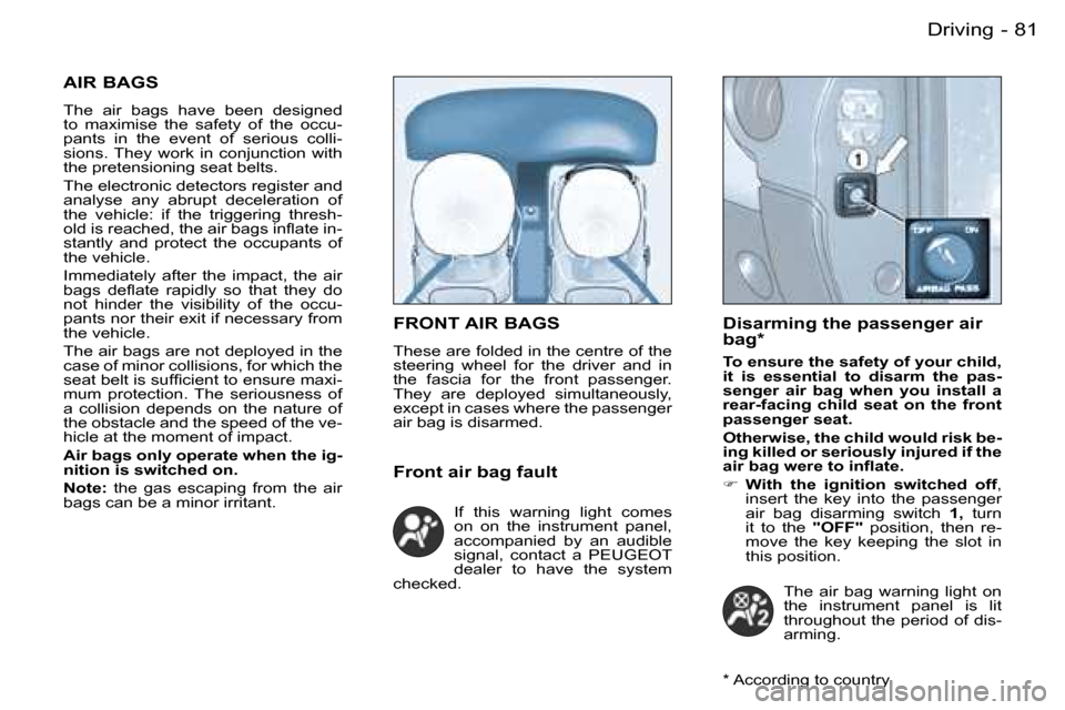 Peugeot Partner VU 2007  Owners Manual �8�1
�-�D�r�i�v�i�n�g
�F�R�O�N�T� �A�I�R� �B�A�G�S
�T�h�e�s�e� �a�r�e� �f�o�l�d�e�d� �i�n� �t�h�e� �c�e�n�t�r�e� �o�f� �t�h�e�  
�s�t�e�e�r�i�n�g�  �w�h�e�e�l�  �f�o�r�  �t�h�e�  �d�r�i�v�e�r�  �a�n�d