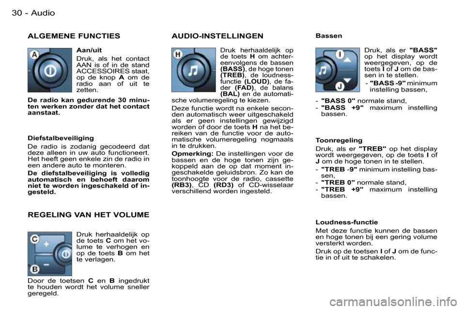 Peugeot Partner VU 2007  Handleiding (in Dutch) �A�u�d�i�o�3�0 �-
�A�L�G�E�M�E�N�E� �F�U�N�C�T�I�E�S�A�U�D�I�O�-�I�N�S�T�E�L�L�I�N�G�E�N
�L�o�u�d�n�e�s�s�-�f�u�n�c�t�i�e 
�M�e�t�  �d�e�z�e�  �f�u�n�c�t�i�e�  �k�u�n�n�e�n�  �d�e�  �b�a�s�s�e�n�  
�e