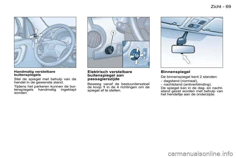 Peugeot Partner VU 2007  Handleiding (in Dutch) �6�9
�-�Z�i�c�h�t
�H�a�n�d�m�a�t�i�g� �v�e�r�s�t�e�l�b�a�r�e�  
�b�u�i�t�e�n�s�p�i�e�g�e�l�s 
�S�t�e�l�  �d�e�  �s�p�i�e�g�e�l�  �m�e�t�  �b�e�h�u�l�p�  �v�a�n�  �d�e�  
�h�e�n�d�e�l� �i�n� �d�e� �g�e